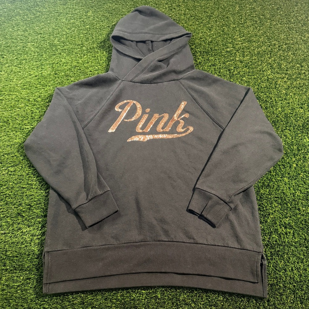 Pink Victoria's Secret Hoodie Black Rose Gold Sequin Logo Pullover Small